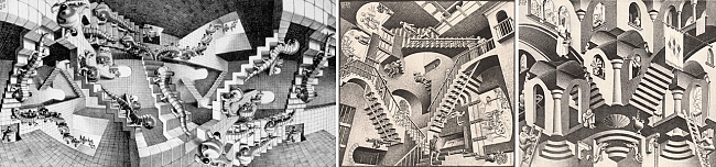Litografías de Escher: La casa de las escaleras (1951), Relatividad (1953) y Convexo y Cóncavo (1955)